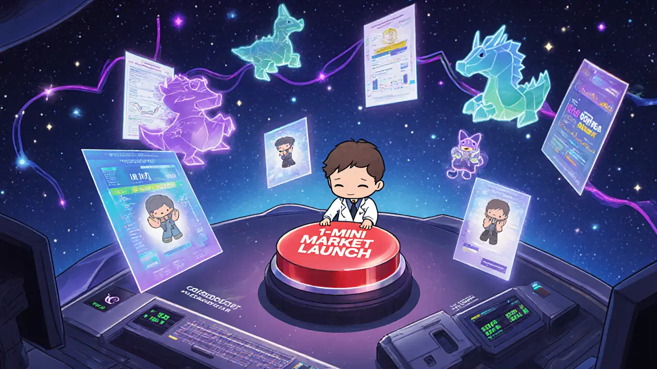 CEO pressing button to launch 1-minute markets with holograms and investor mascots nearby