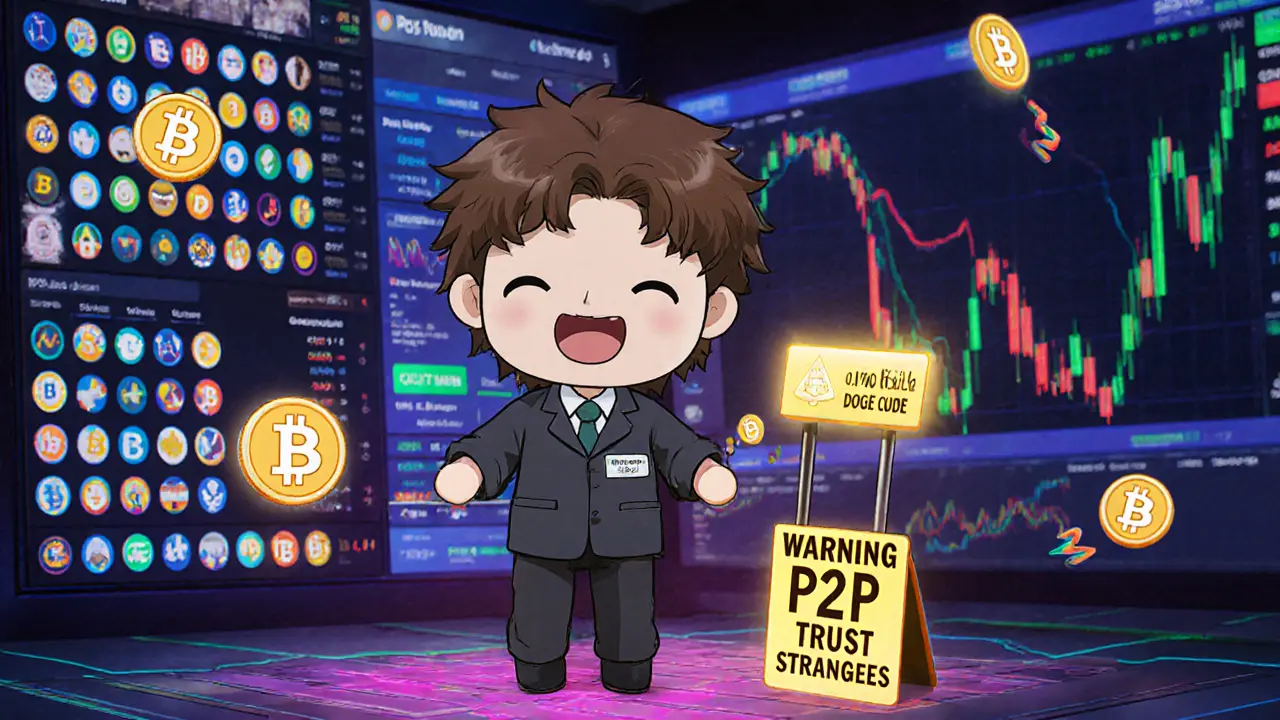 Cheerful chibi trading crypto with low fees amid a storm of 1,300+ coin icons.