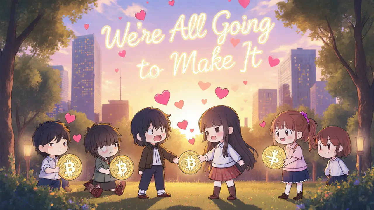 Chibi community members exchanging GM tokens in a park at sunset, hearts floating above them.