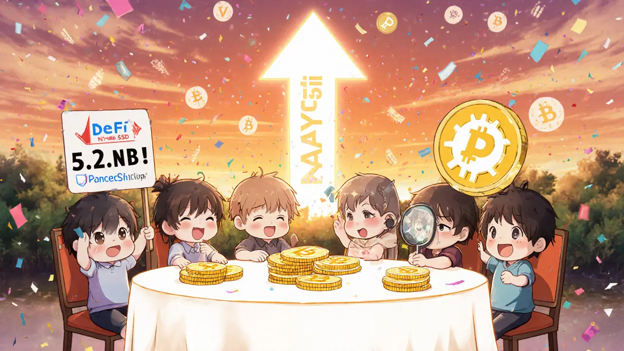 Chibi DeFi users celebrating 7.2% APY with lisUSD and slisBNB tokens at a glowing table.