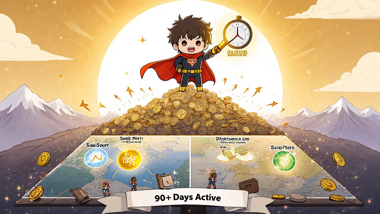 Chibi hero standing on a SAKE token mountain with ecosystem map glowing beneath, ready to claim rewards.