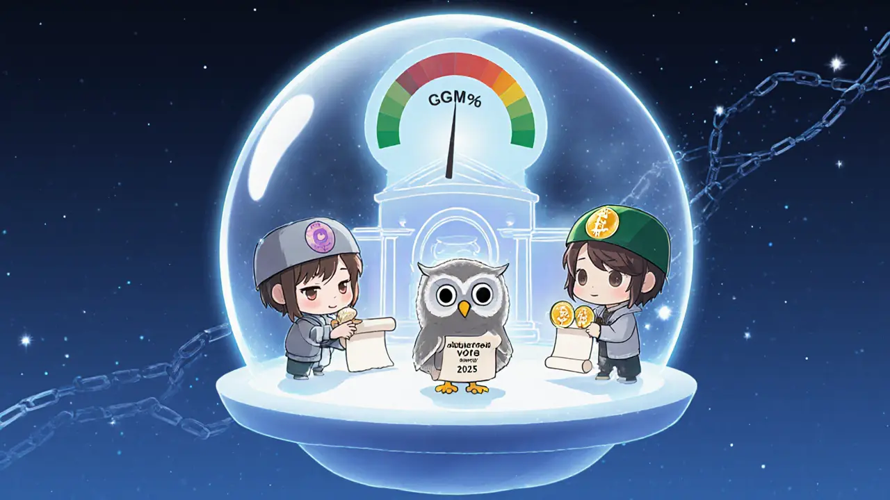 Chibi holders voting in a floating DAO hall with a charity meter rising under soft blue light.