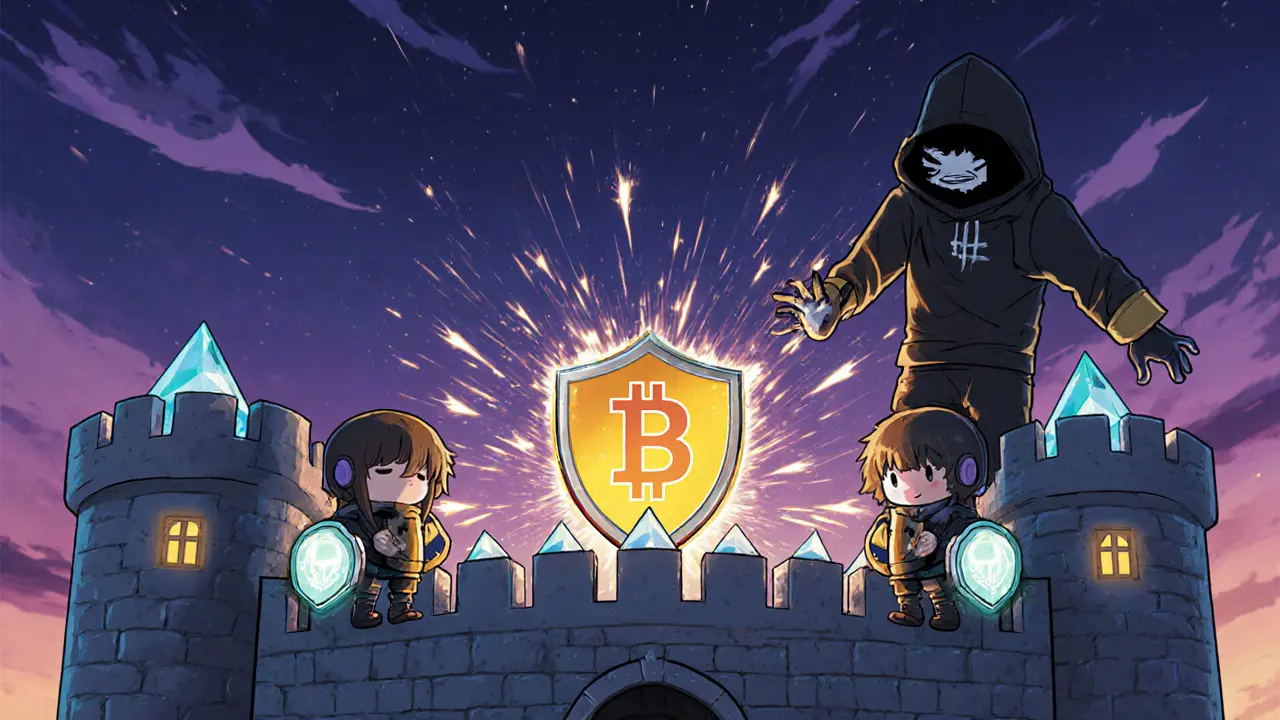 Chibi node operators defending a RUNE fortress from a hacker, protecting a secure Bitcoin asset.