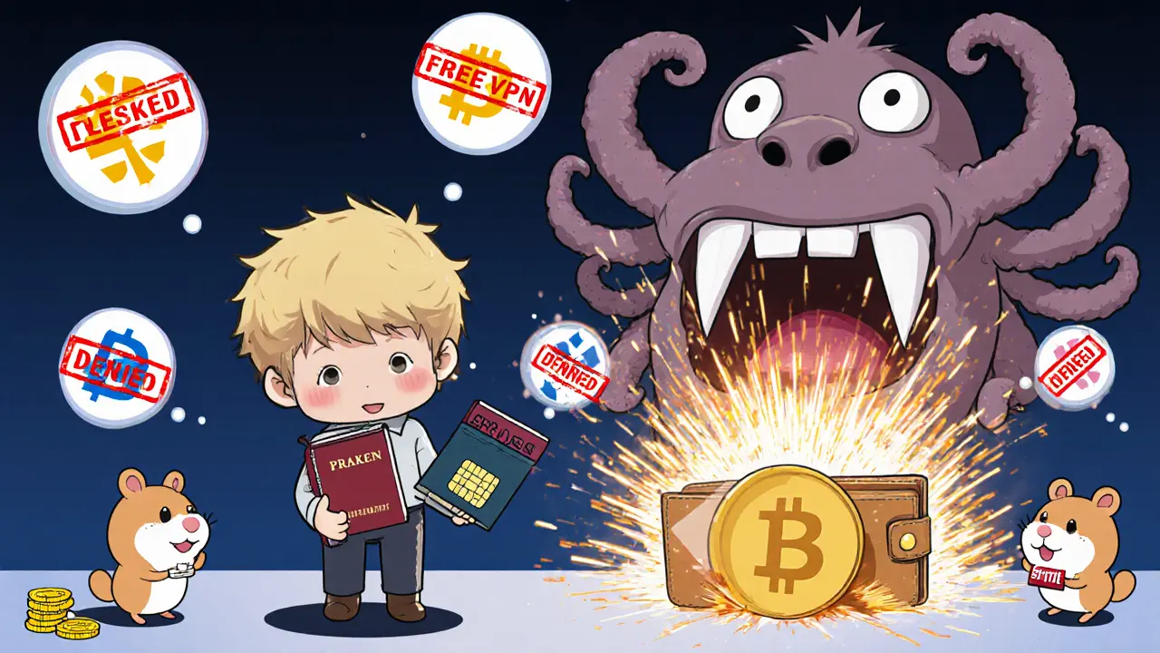 Chibi trader holding fake documents as Kraken and Binance logos stamp &#039;DENIED&#039; while a VPN monster crashes.