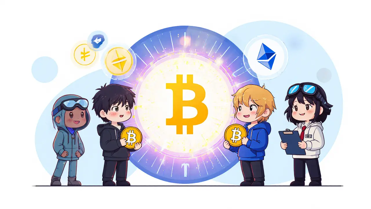 Chibi traders using a RUNE-powered portal to swap BTC for ETH with a cheerful node operator watching.