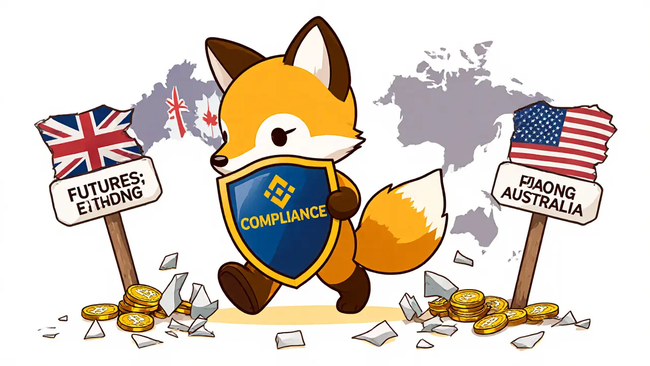 Cute Binance fox mascot holding compliance shield while stepping over banned features.