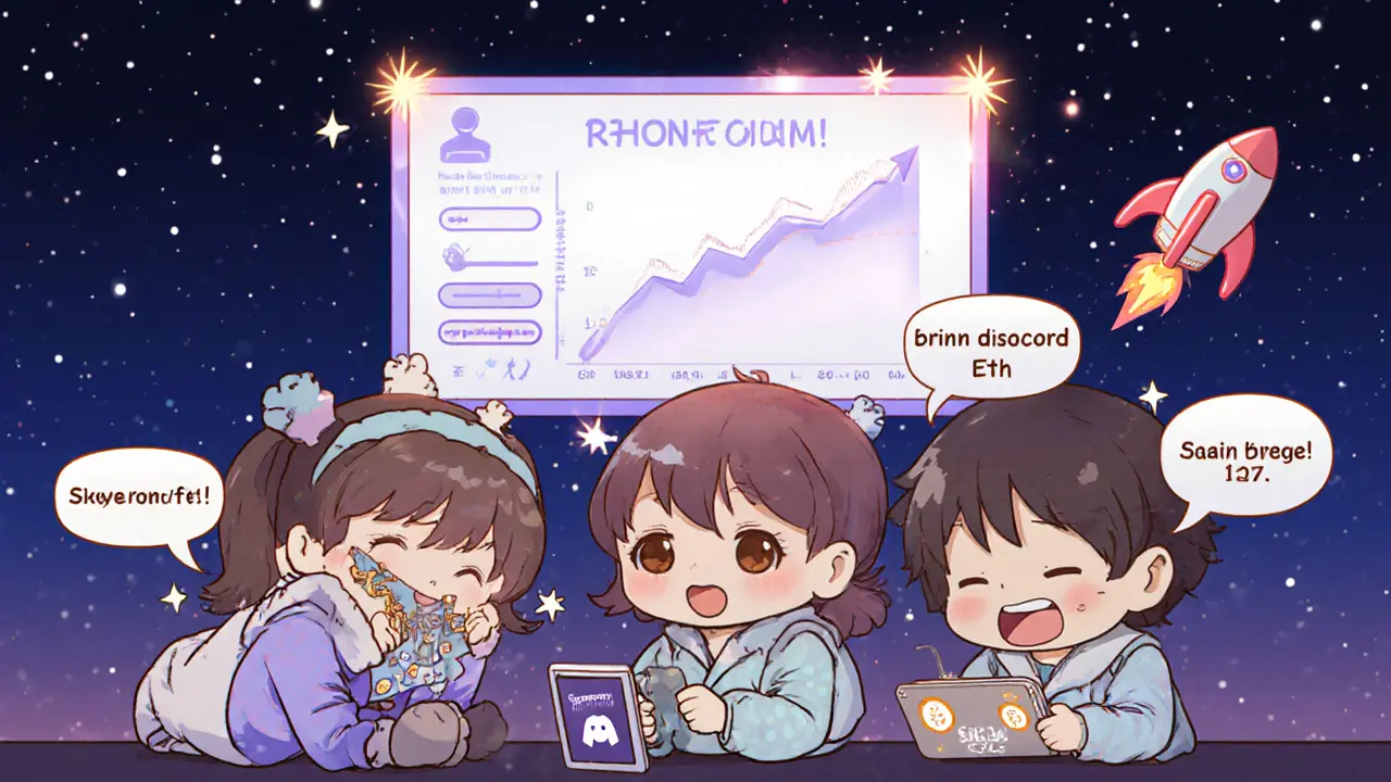 Cute chibi users completing tasks like Discord join, quest watch, and asset bridging in a cozy night setting.