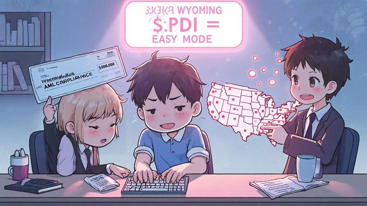 Cute crypto team in an office with a U.S. map showing licensed states, holding a giant compliance check under a &#039;Wyoming SPDI&#039; sign.