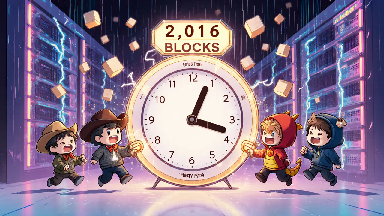 Cute miners racing around a giant clock adjusting Bitcoin difficulty.