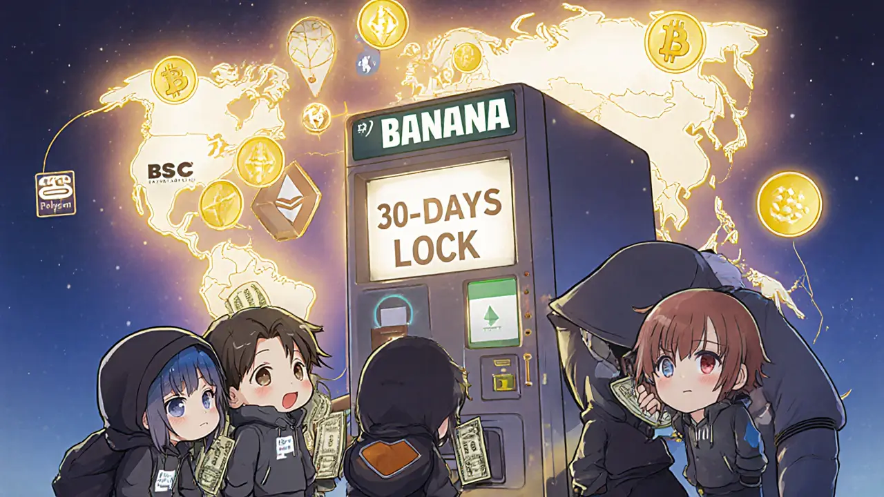 Cute traders pulling tokens from a Treasury Bill machine with multi-chain icons glowing behind them.