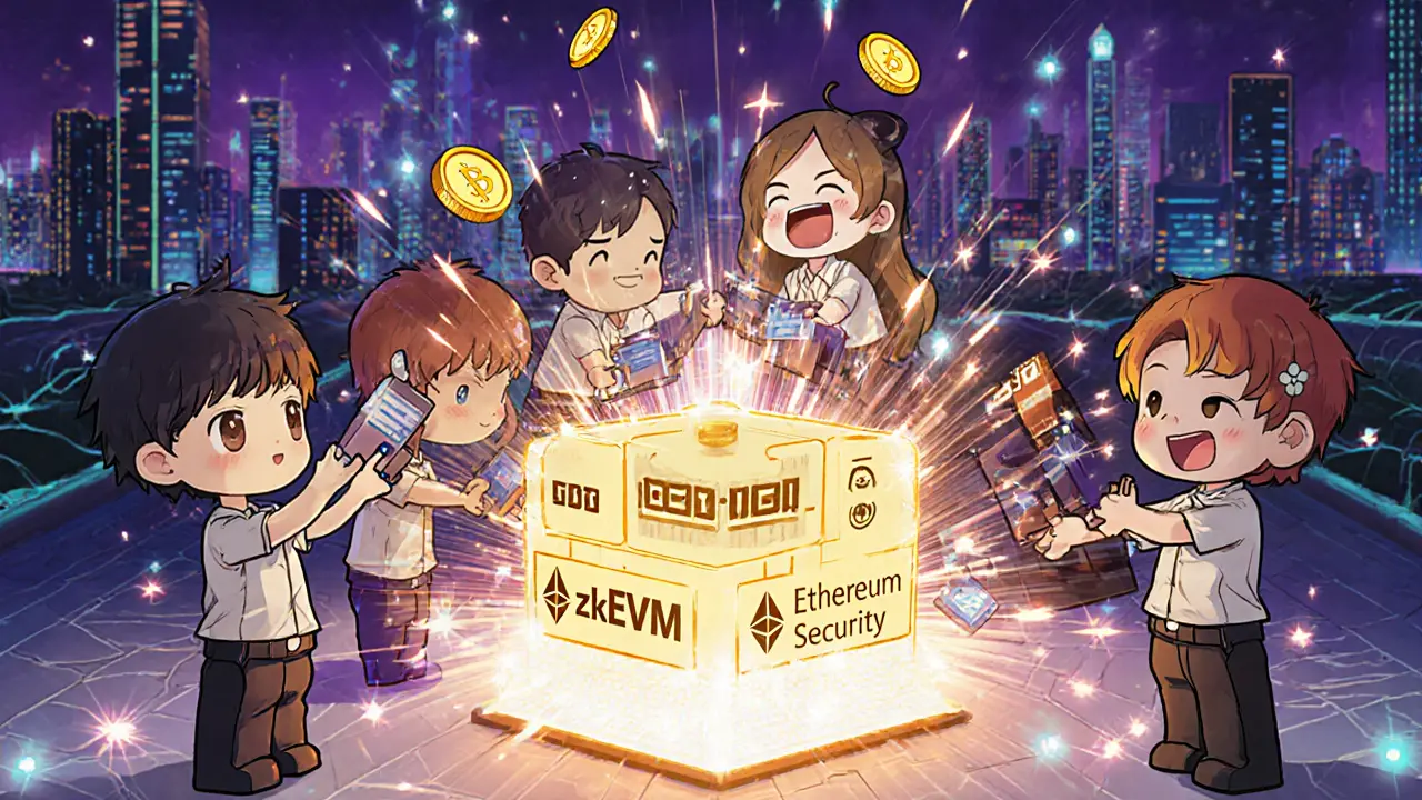 Developers building a blockchain with modular modules plugged into Ethereum security base.