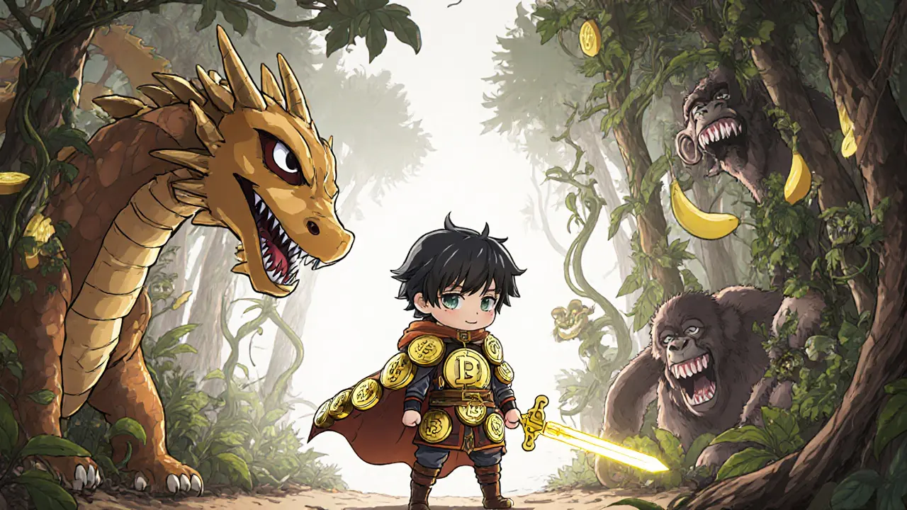 Experienced DeFi warrior standing between PancakeSwap dragon and ApeSwap jungle with APY vines.