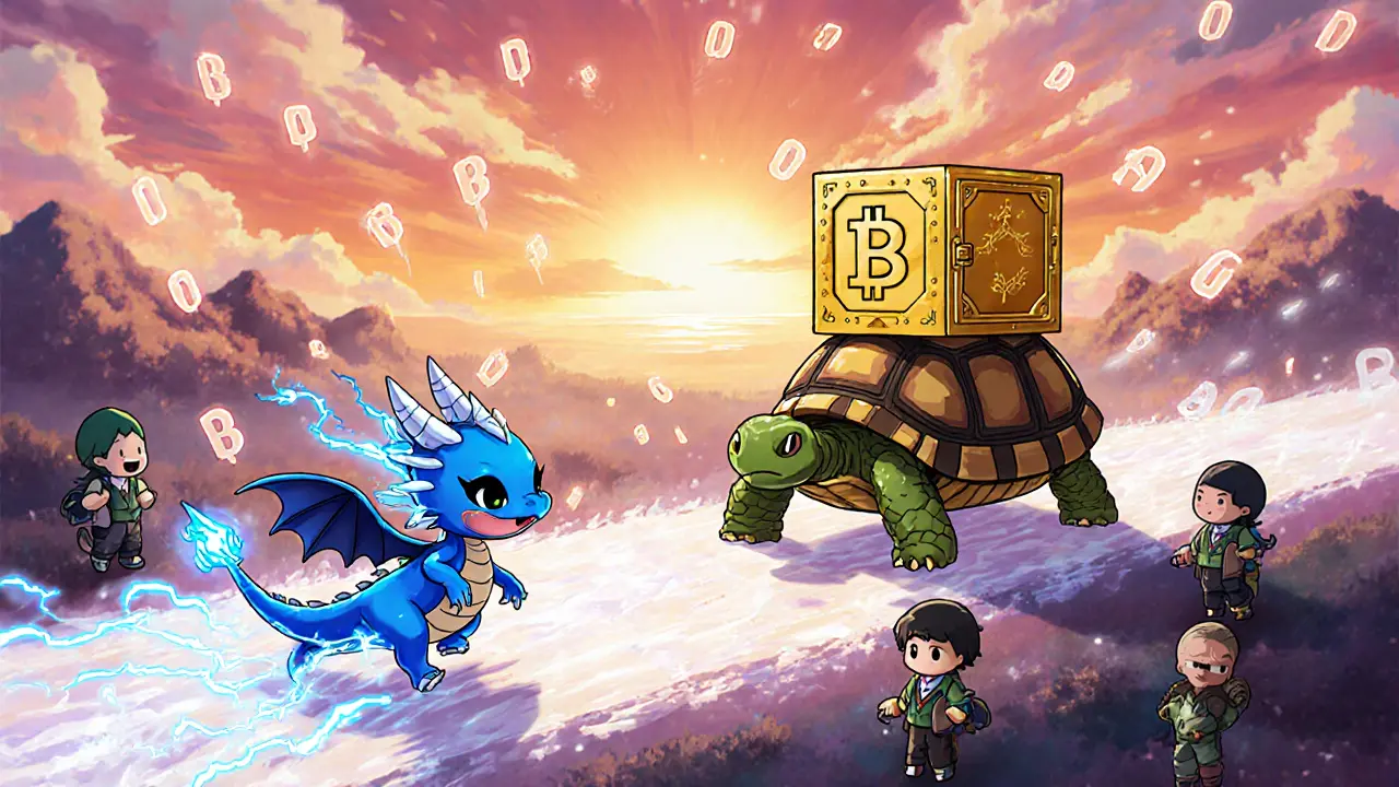 Fast Solana dragon races past slow Bitcoin turtle in a colorful speedway.