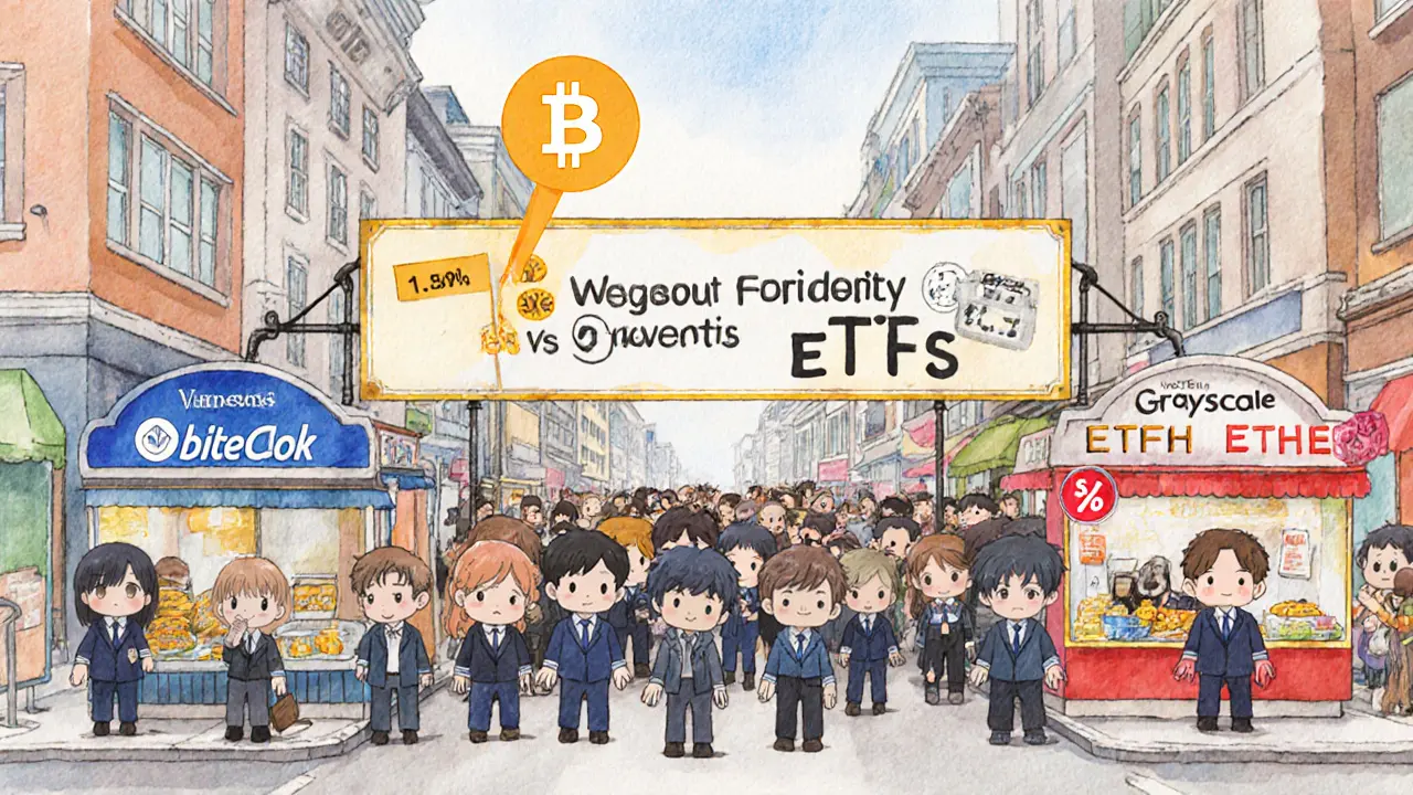 Financial street with Bitcoin and Ethereum ETF stalls, customers choosing low-fee options