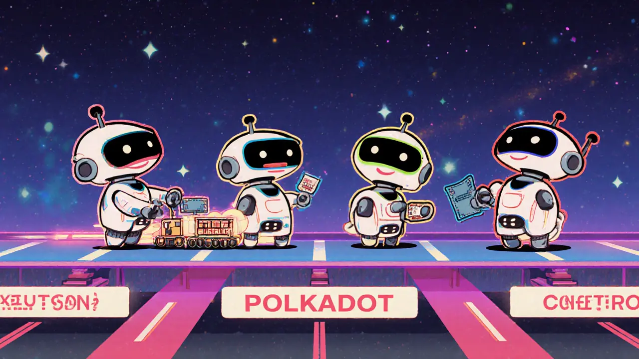 Four cute robot layers working together on a multi-lane highway representing modular blockchain design.