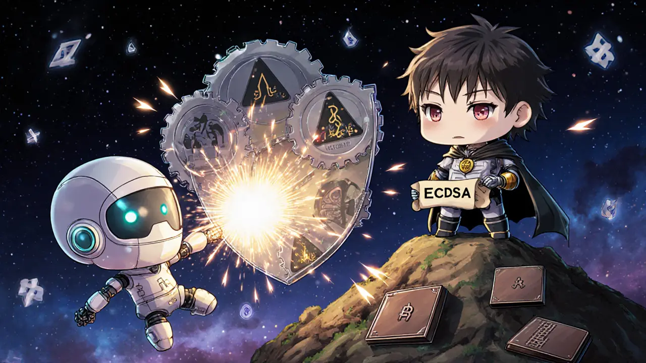 Hero wallet defending against quantum hacker with hybrid encryption shield.