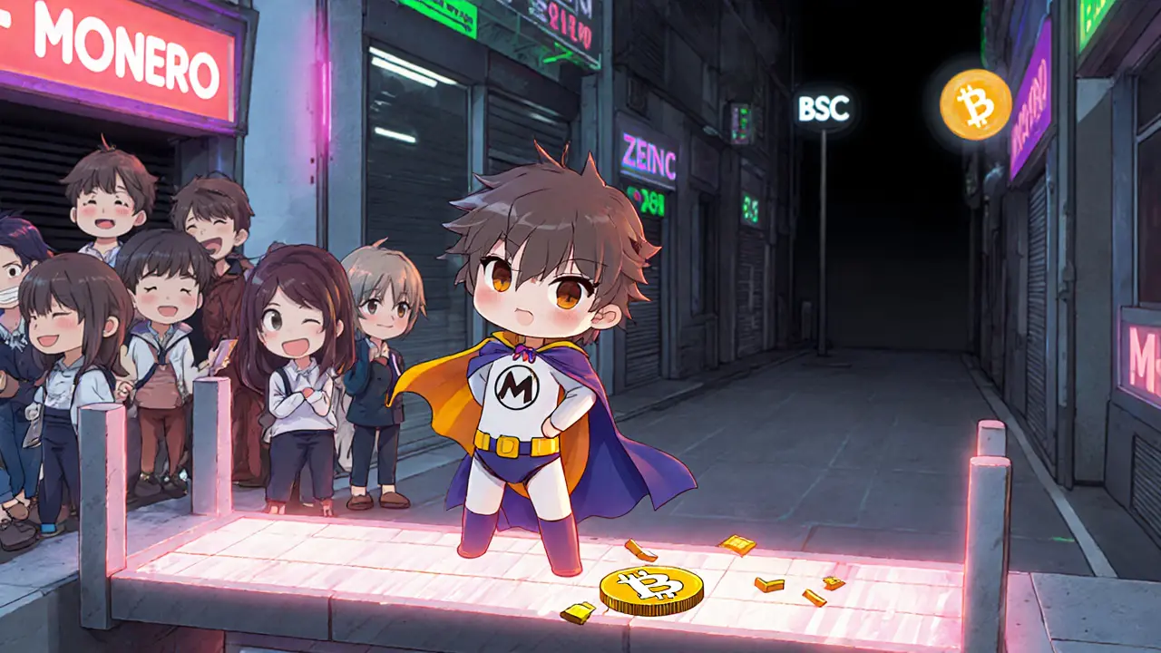 Heroic Monero character standing on a strong blockchain as ZENC crumbles below.