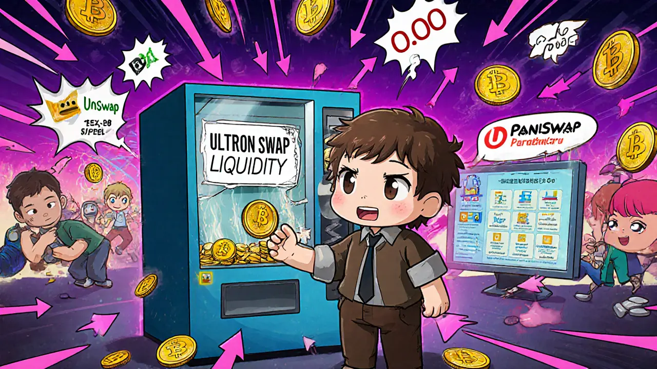 Investor dropping a coin into a broken Ultron Swap machine while other DEXes glow nearby.