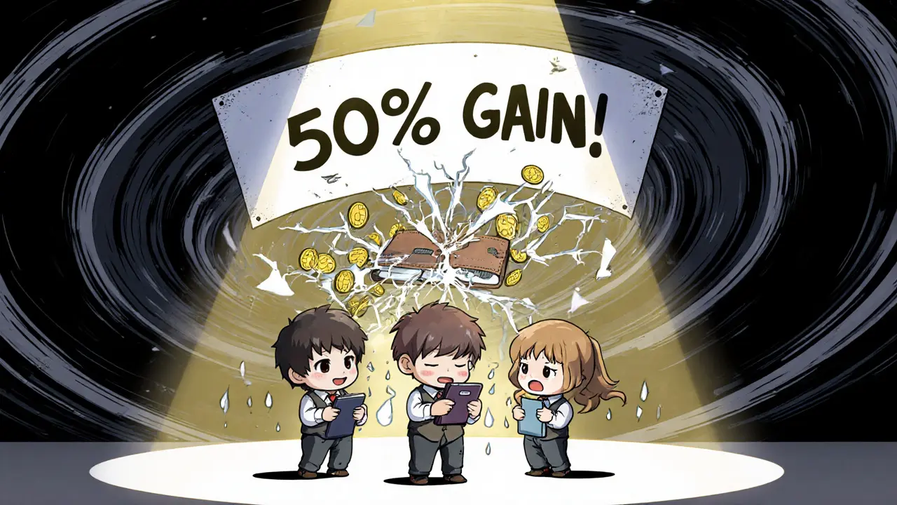 Investors panic as a fake price prediction banner collapses into ash.