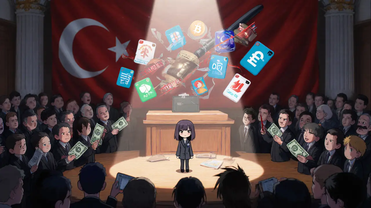 Lawyer challenging crypto payment ban in dramatic courtroom scene.