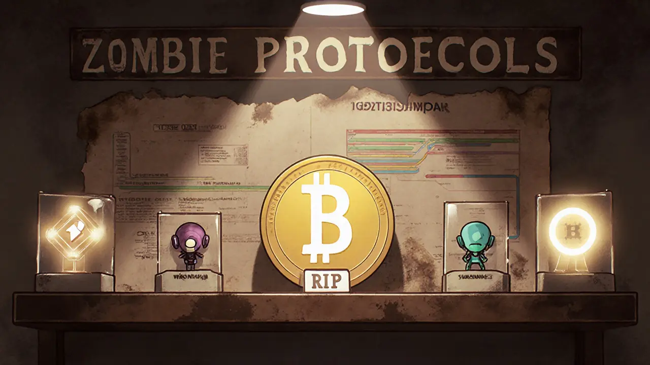 Lonely O3 token on a museum shelf next to glowing active crypto protocols