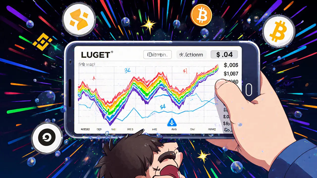 Nervous trader watching wild LUCIC price swings on a handheld device