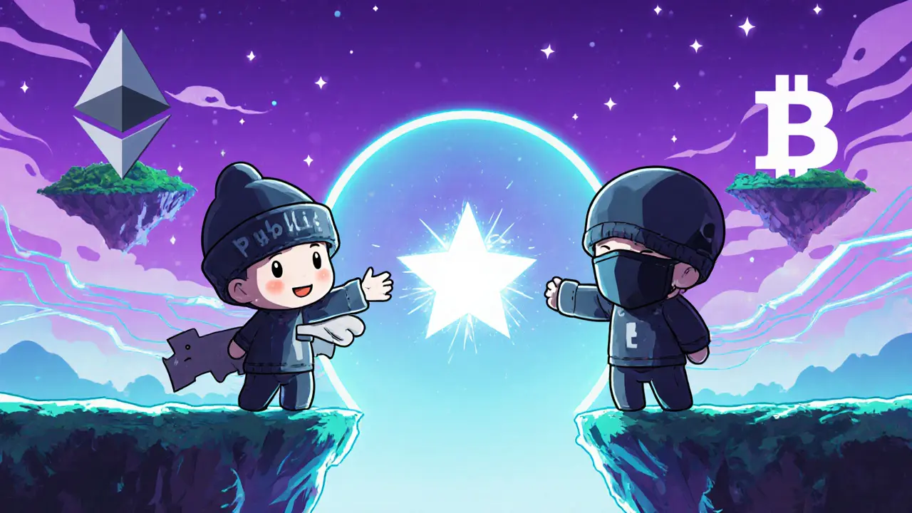 Public and private key characters verifying a transaction with glowing signature star.