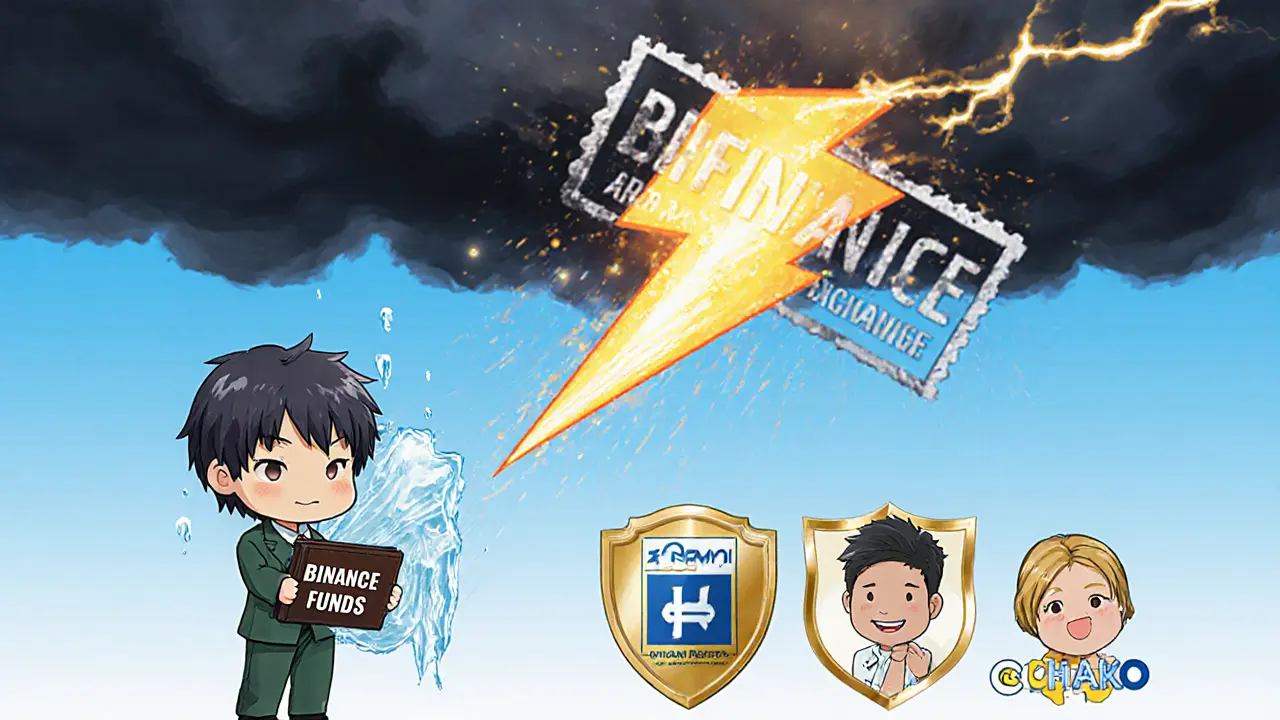 Sad investor with frozen wallet as MAS stamp falls, while licensed exchanges glow safely in background.