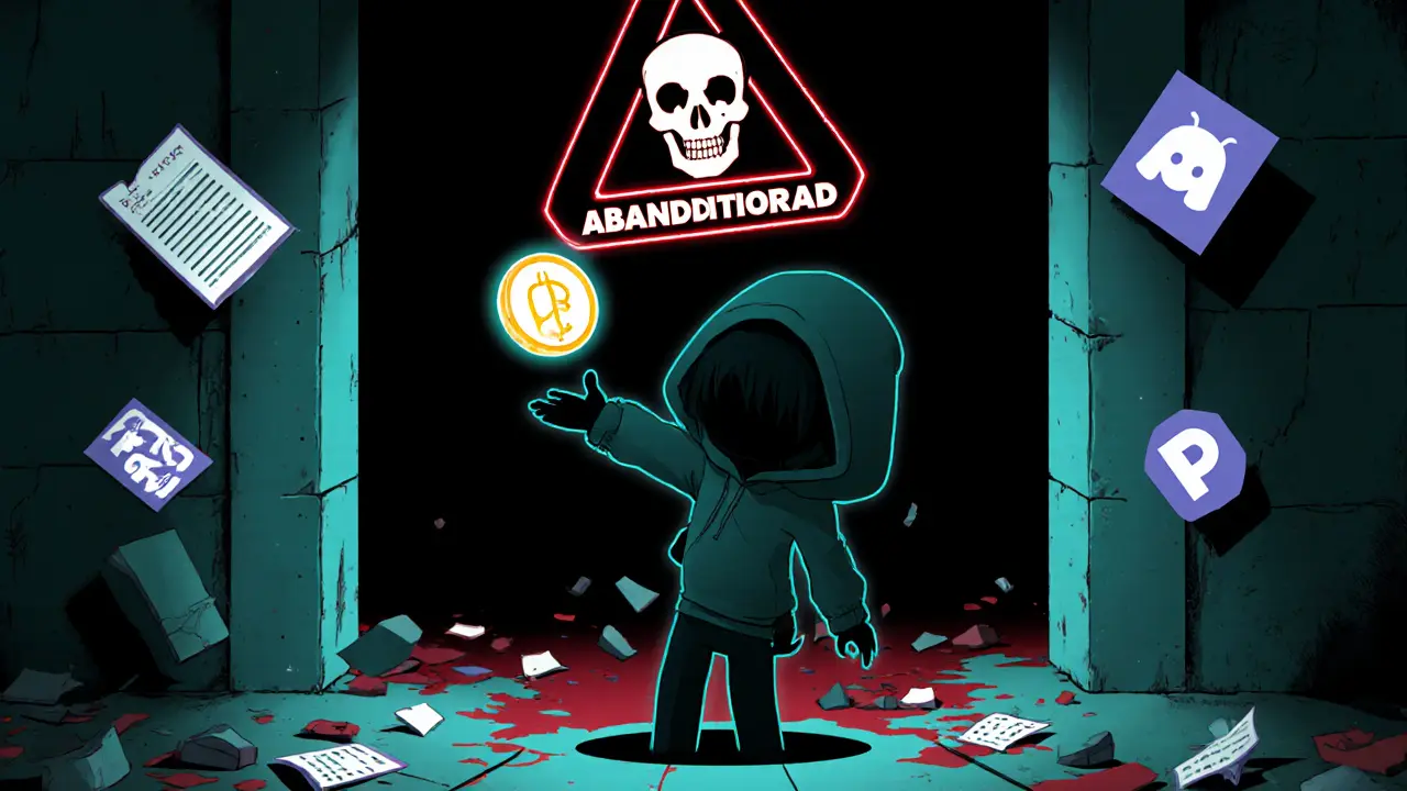 Shadowy figure discarding RP1 token into an &#039;Abandoned&#039; portal, warning skull sign glowing nearby.