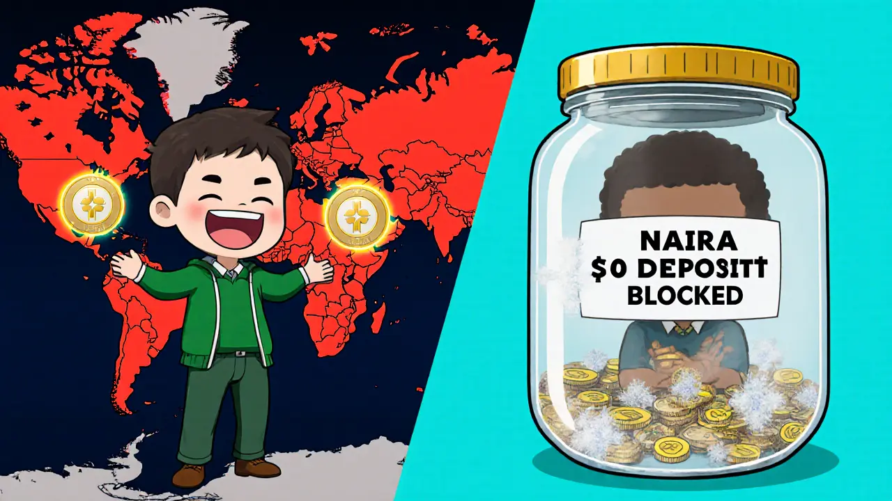 Split scene: happy trader in UAE vs. trapped user in Nigeria with frozen crypto coins.