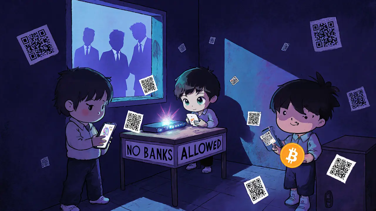Teens trading crypto underground in Bangladesh using Tor, QR codes glowing in shadows.