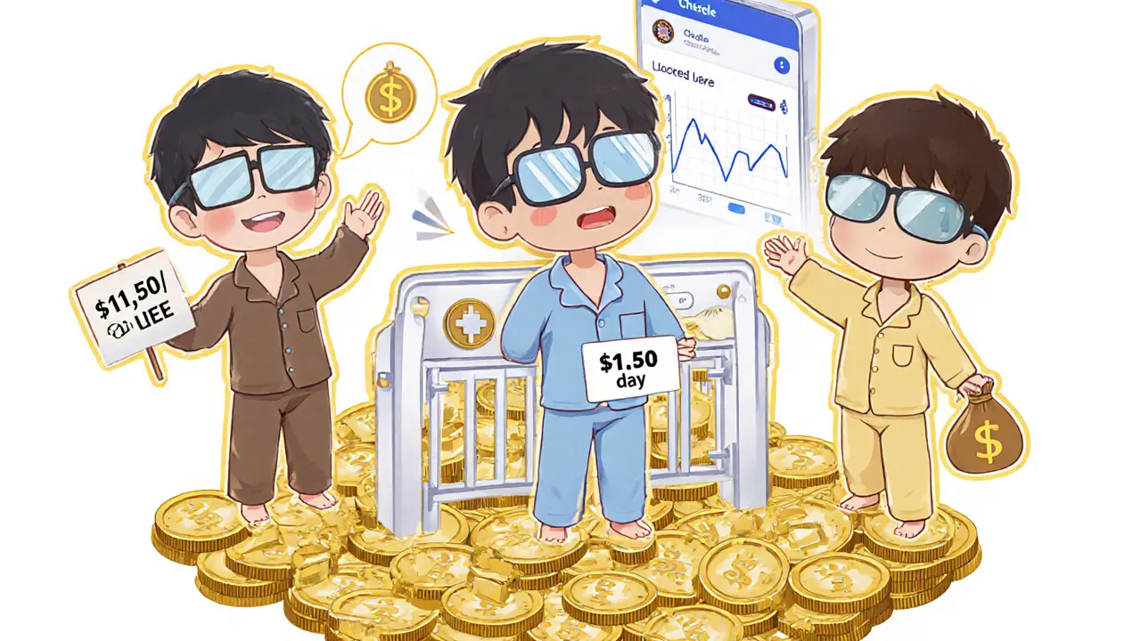 Three chibi users with different digital glasses standing on a platform of LEE tokens.