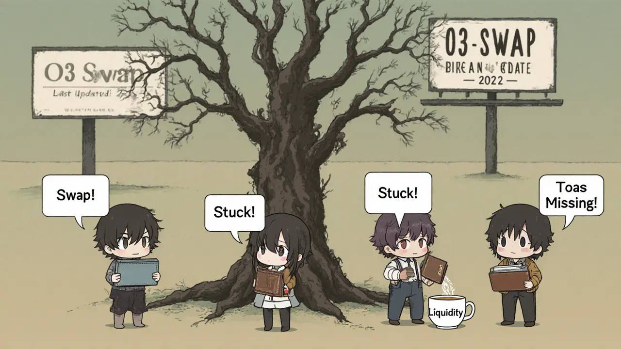 Tiny anime users facing failed swap messages in front of a dead blockchain tree
