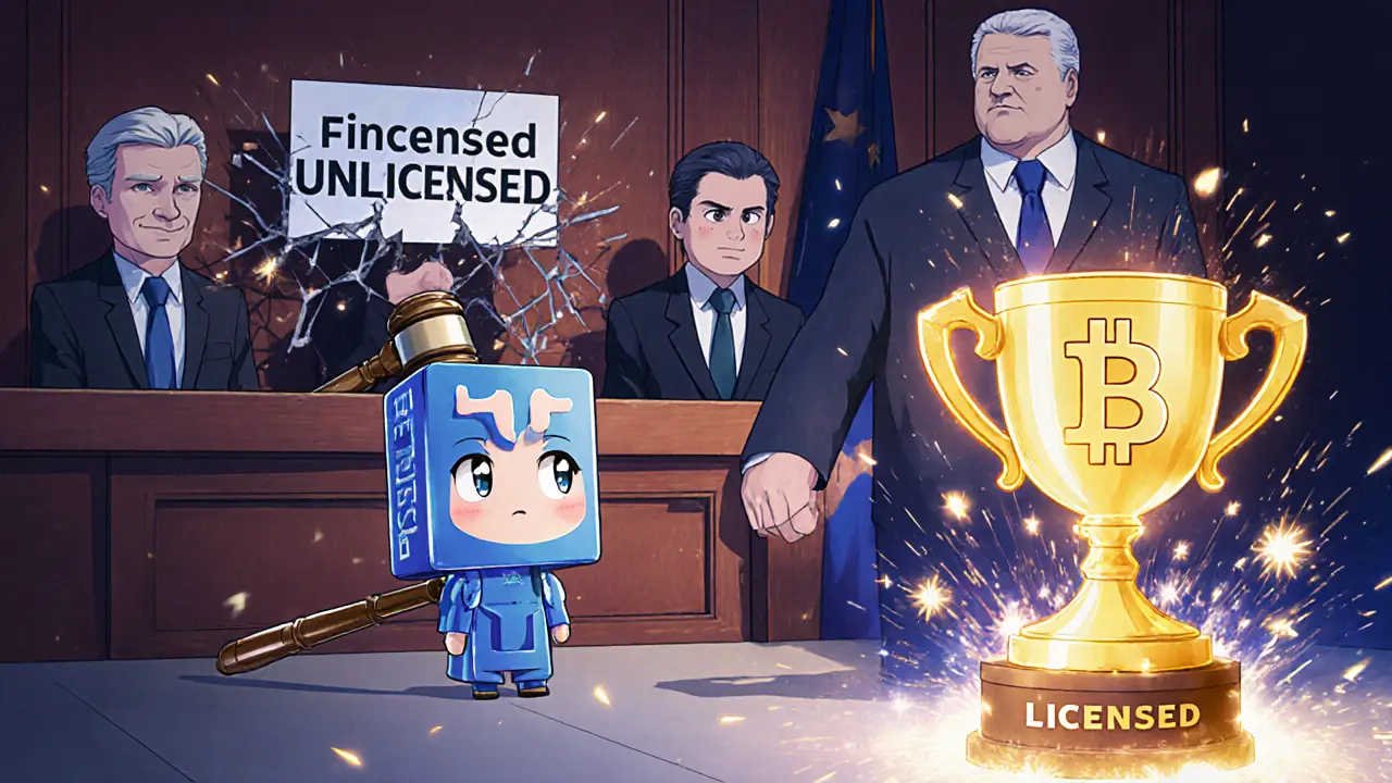 Tiny crypto founder in court facing giant regulator judges, with a glowing &#039;Licensed&#039; trophy shining as an &#039;Unlicensed&#039; sign breaks apart.