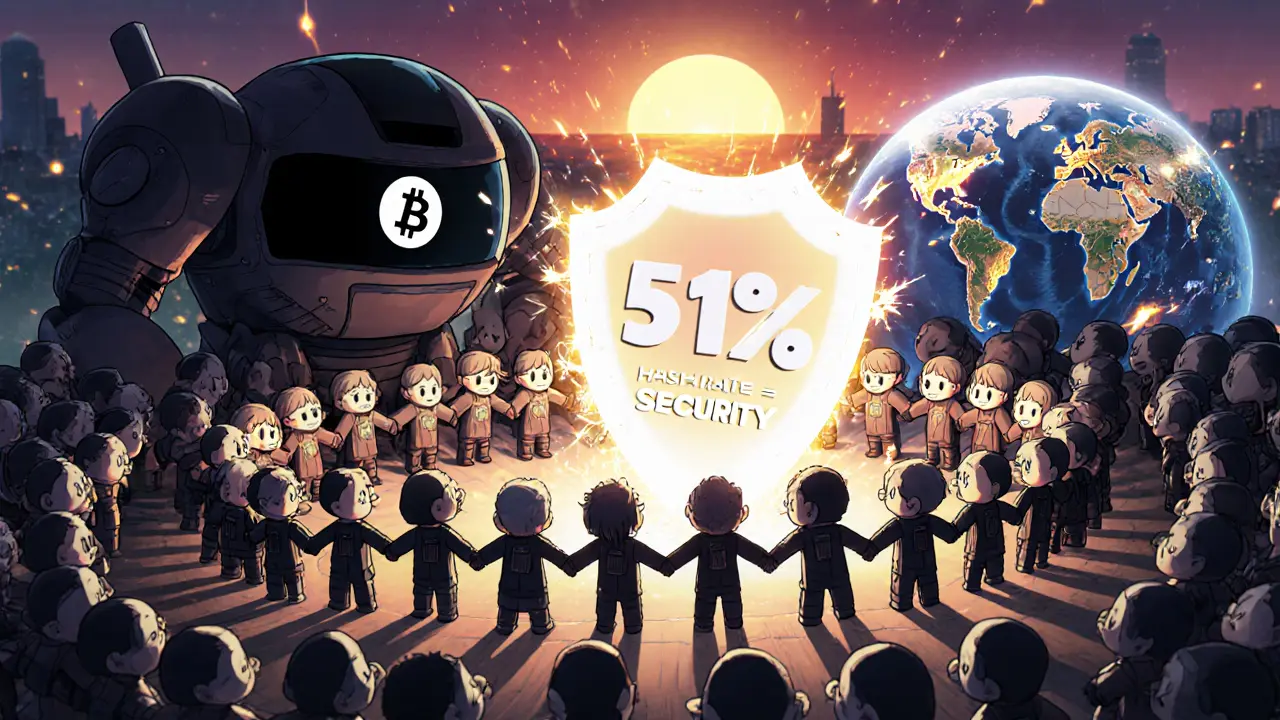 Tiny miners forming a glowing shield to block a 51% attack.