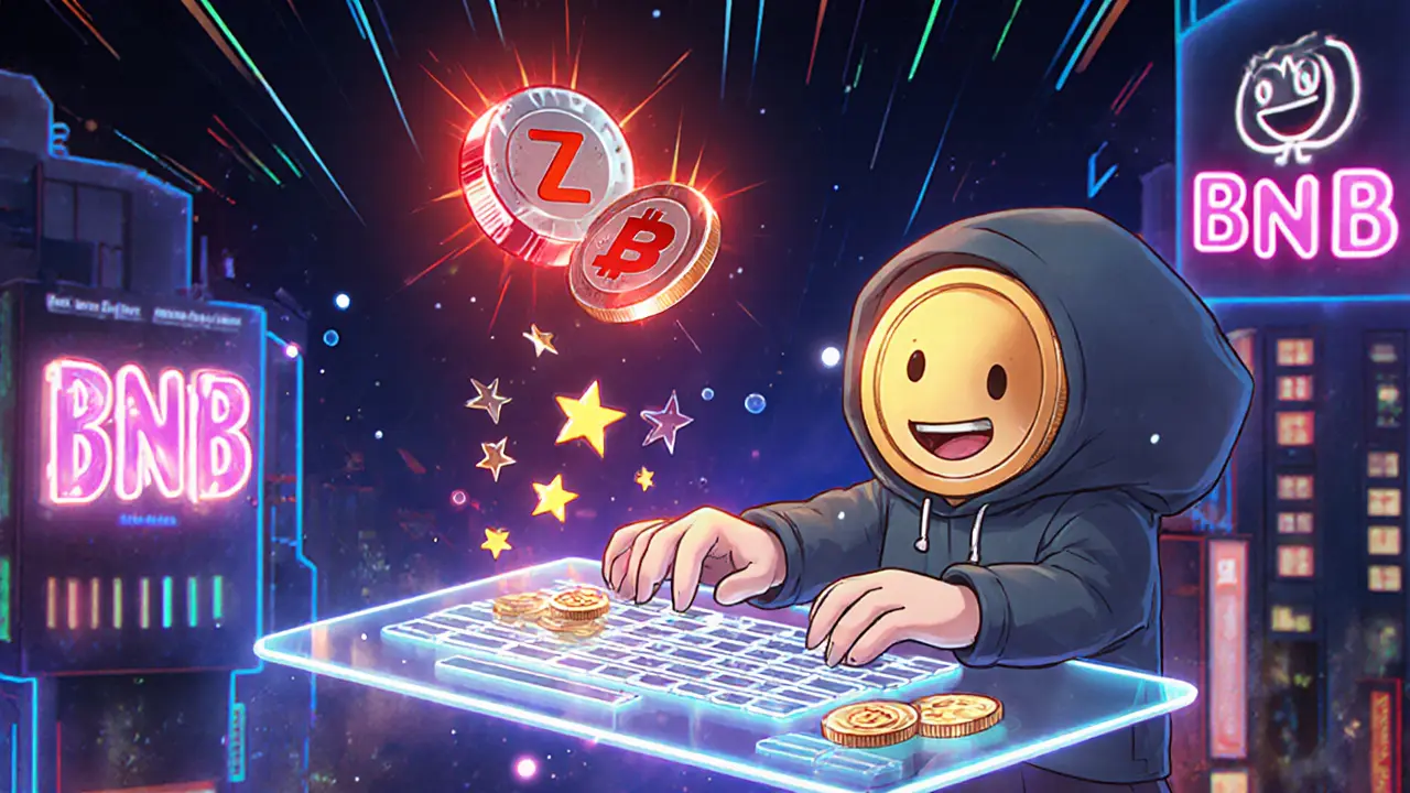 Tiny trader under liquidation alert with slisBNB earning rewards in neon BNB Chain city.