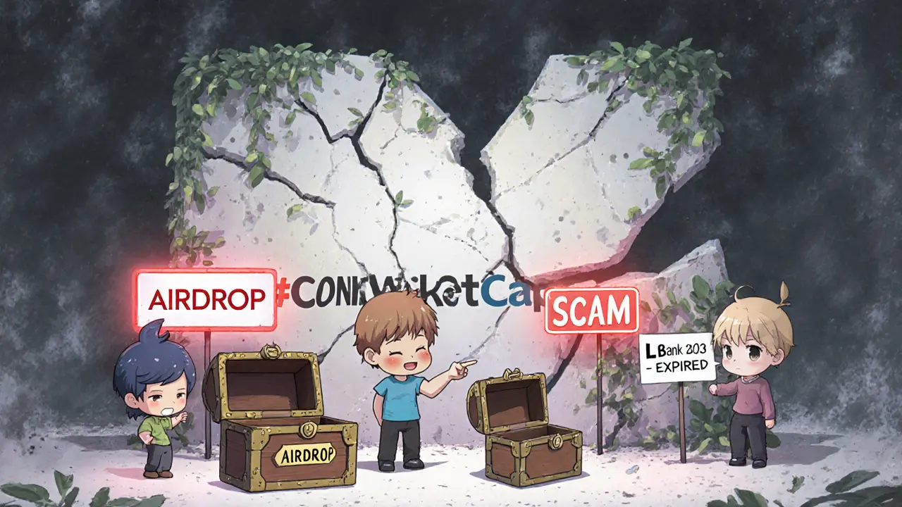 Tiny users holding empty airdrop chests in front of a crumbling CoinMarketCap logo.