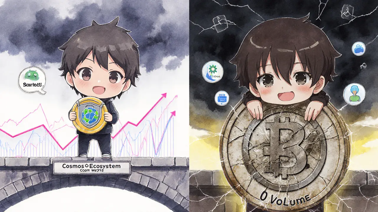 Two chibi figures: one thriving with SILK on a bridge, the other depressed beside a dead token with cobwebs.