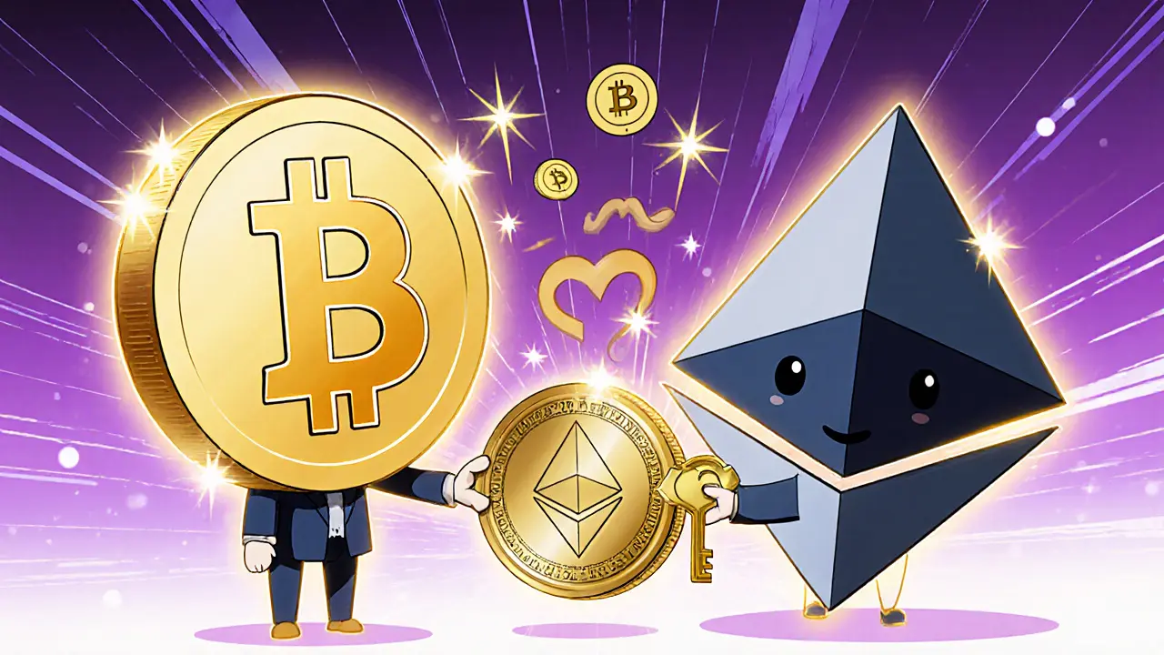 Two cute ETF tokens exchanging crypto coins in a glowing in-kind transfer