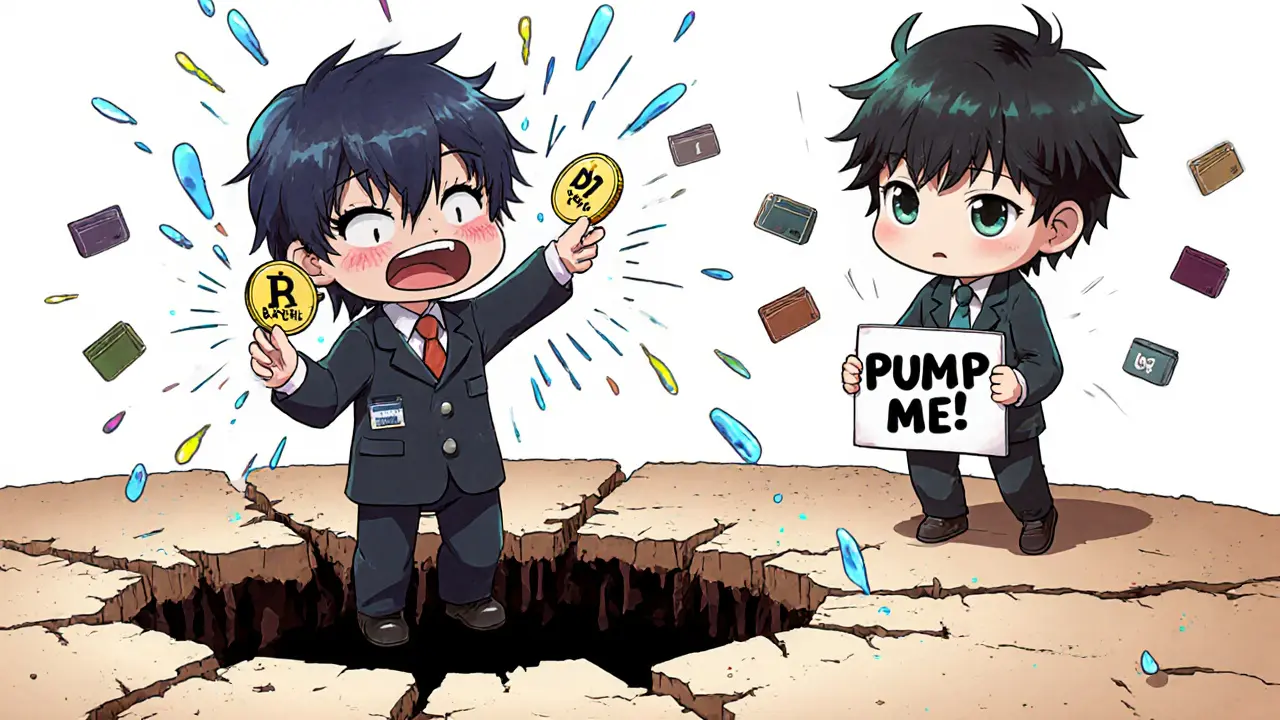 Two panicked chibi traders trying to sell RP1 into an empty void with only 34 wallets visible.