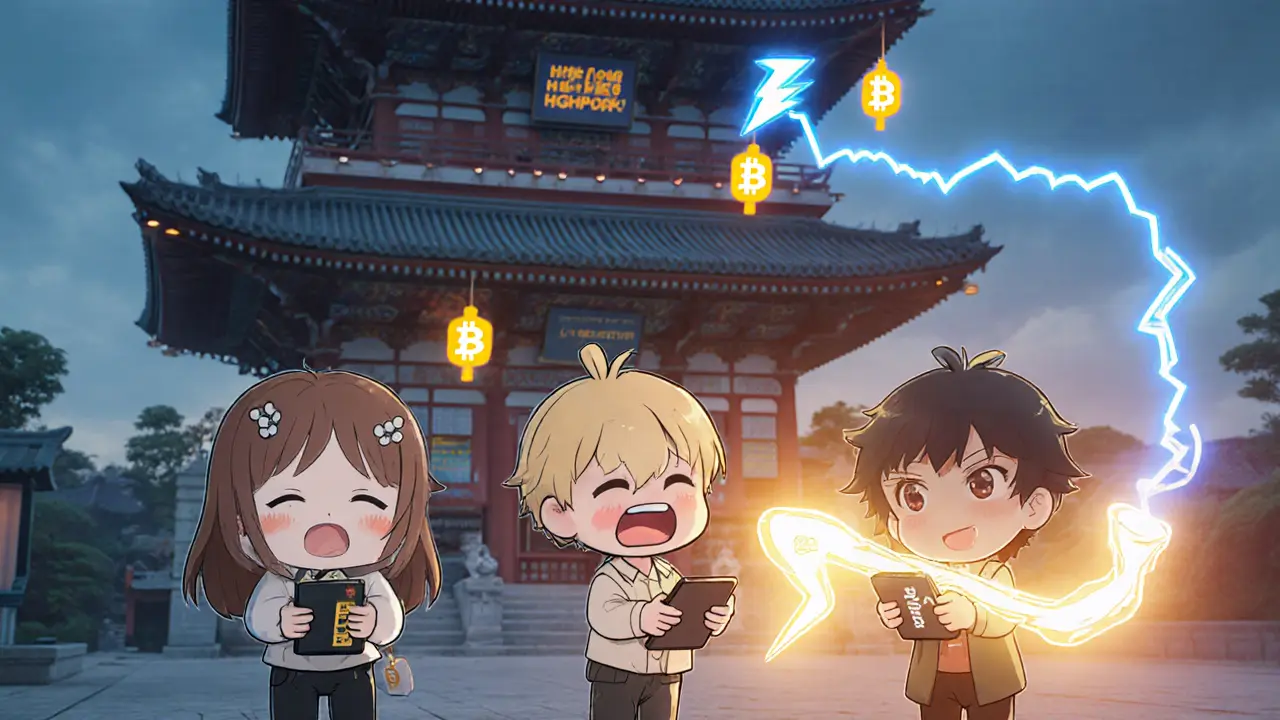 Users react to slow mempool line while one uses a lightning bolt shortcut.