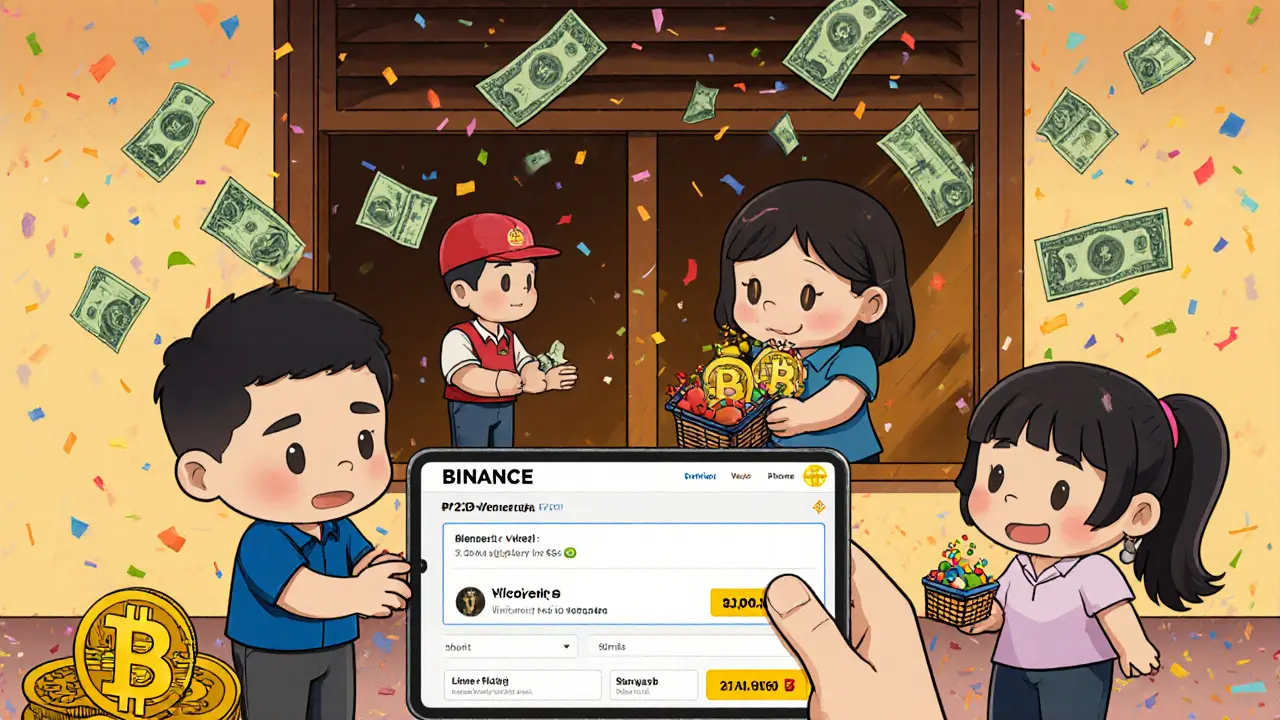 Venezuelan family trading cash for Bitcoin using a tablet, with food basket wallet.