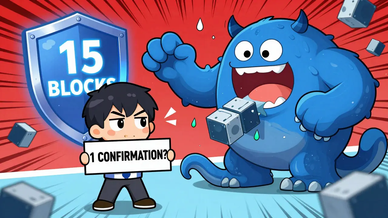 A nervous developer surrounded by a reorg monster, protected by a shield labeled '15 BLOCKS'.