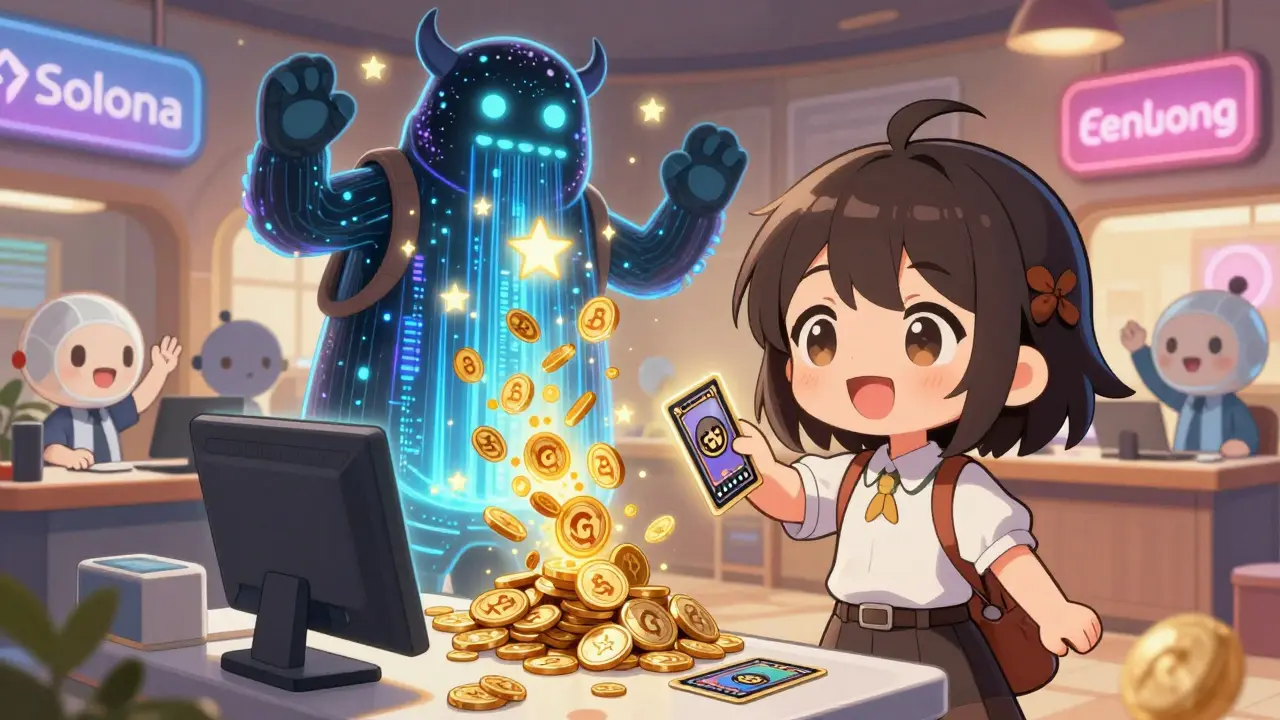 A user paying with a GAIA Card as tokens turn into cash, surrounded by AI data stars and happy node operators.