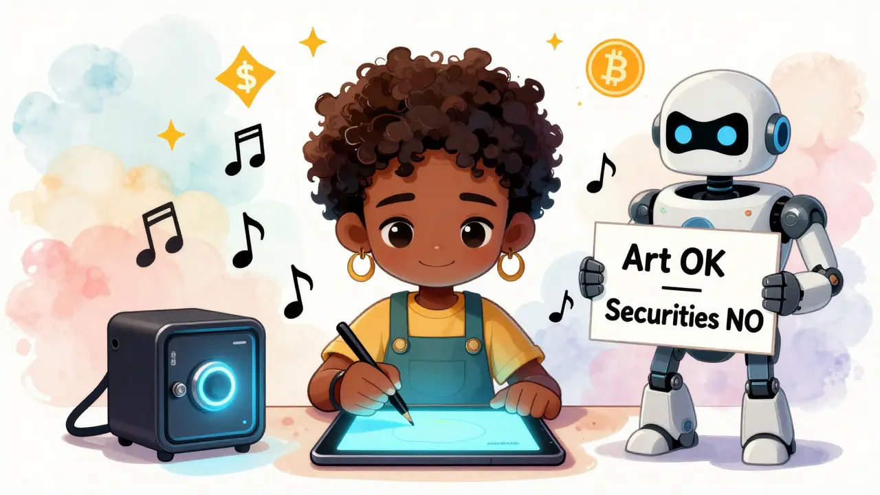 Artist minting NFT art under watchful SEC robot, with safe cold wallet and crypto stars in the background.