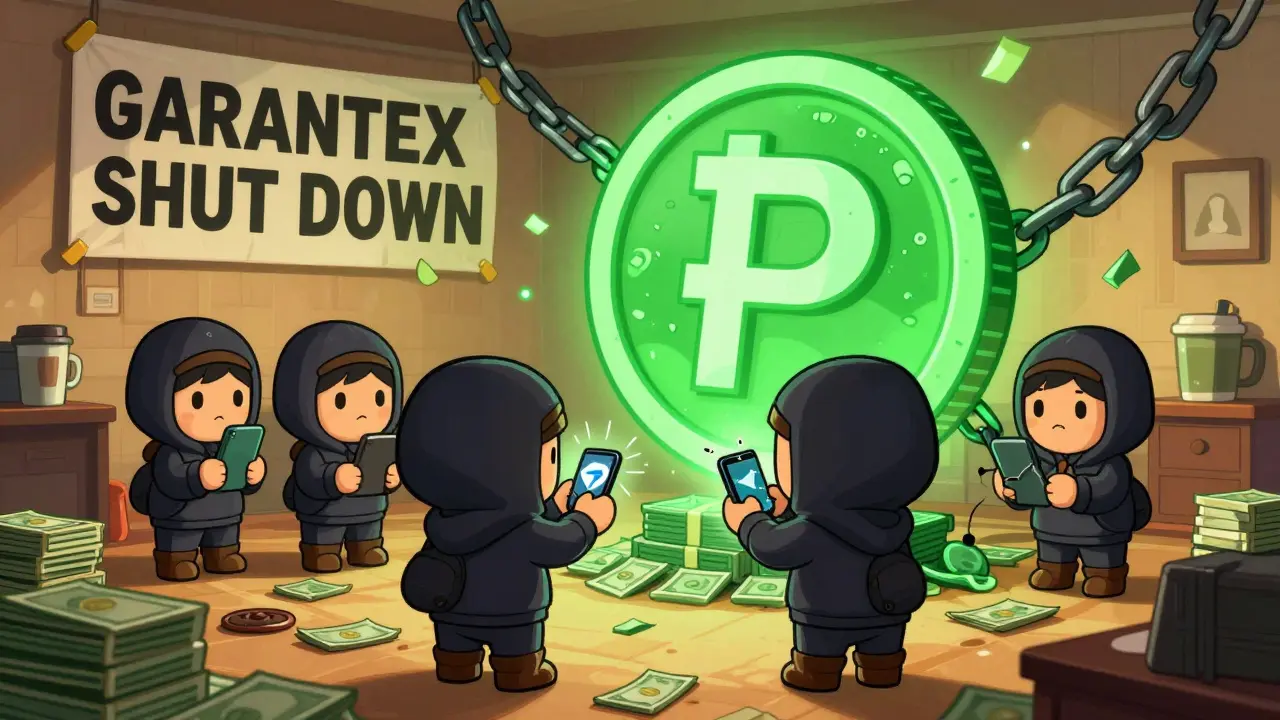 Cartoon traders using a Telegram bot to exchange crypto in a messy apartment with cash and a shutdown notice.