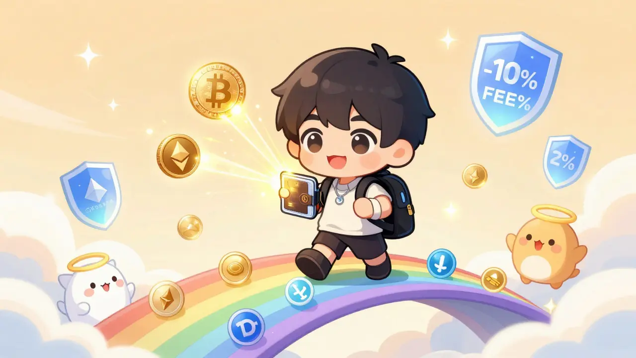 Chibi character with OKX Wallet connecting multiple blockchains and NFTs.