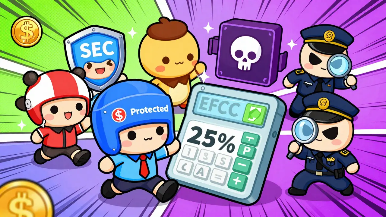 Chibi characters using a regulated exchange to earn interest while an unlicensed platform is chased away by EFCC officer.