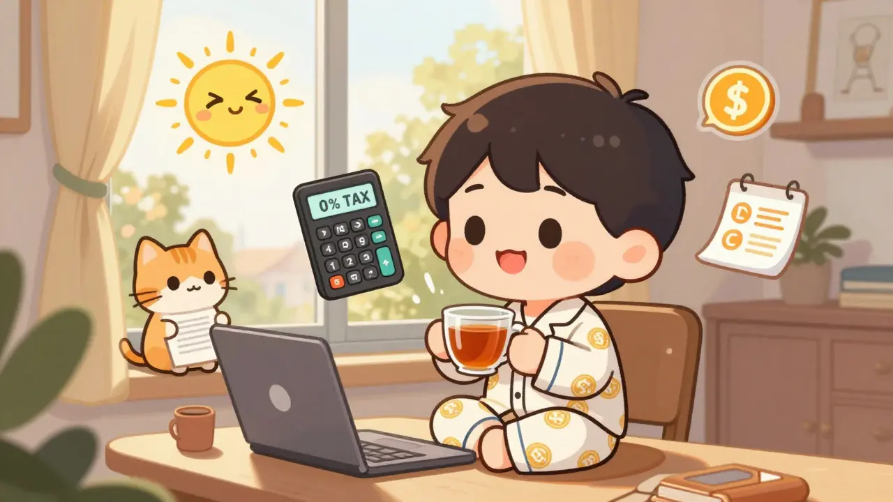 Chibi expat in Lisbon apartment, smiling at zero-tax calculator, cat with lease on windowsill.