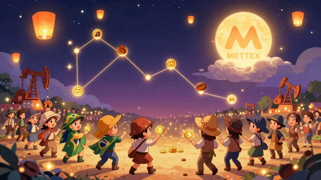 Chibi farmers and traders dance under a starry sky of MTLX lanterns, celebrating decentralized commodities.